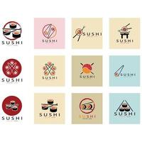 modelo de logotipo de sushi barra de ilustração de estilo de ícone vetorial ou loja, sushi, rolo de salmão, sushi e rolos com bar de pauzinhos ou modelo de logotipo de vetor de restaurante