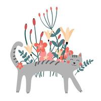 vetor ilustração com uma gato e flores dentro uma plano estilo. cinzento gato dentro brilhante e variado flores e galhos. à moda ilustração com botânico tema. desenho animado gato. branco isolado fundo.