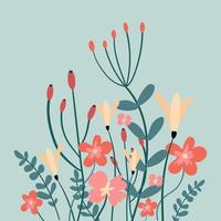uma variedade do Primavera flores dentro uma plano estilo. vetor ilustração com botânico tema. lindo florescendo flores e frondoso galhos em azul isolado fundo.