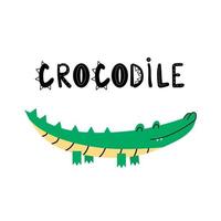 desenho animado crocodilo personagem vetor ilustração. desenhado à mão fofa africano animal. engraçado crocodilo dentro escandinavo estilo. crocodilo criativo escrito a mão rotulação. crianças camiseta impressão Projeto