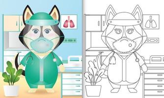 livro de colorir para crianças com uma ilustração do personagem de um cão husky fofo vetor