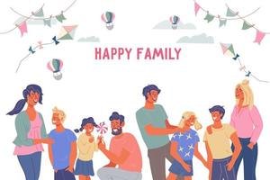 muito feliz família rede bandeira modelo com grupo do pais e crianças, plano vetor ilustração. bandeira ou poster para família dia e entretenimento para adultos e crianças.ser ilustrador obra de arte