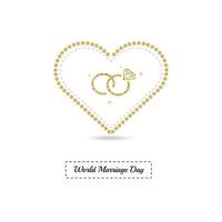 cartão de dia do casamento mundial com moldura de coração de glitter dourados e aliança de casamento vetor