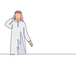 único desenho de linha contínua do jovem empresário muçulmano, ligando para seu parceiro de negócios com smarphone. pano do Oriente Médio árabe shmagh, kandura, thawb. ilustração em vetor desenho desenho de uma linha