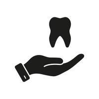 dental Cuidado silhueta ícone. estomatologia proteção glifo pictograma. dental tratamento sólido placa. odontologia símbolo. dente e humano mão dentista Apoio, suporte conceito. isolado vetor ilustração.