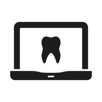 dente saúde diagnóstico dentro computador portátil placa. conectados odontologia silhueta ícone. dental Cuidado virtual consulta glifo pictograma. controlo remoto dentista Socorro símbolo. isolado vetor ilustração.