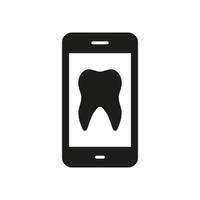 odontologia remédio dentro Móvel telefone glifo pictograma. conectados dentista Socorro dentro Smartphone silhueta ícone. dente saúde diagnóstico, ortodôntico dental Cuidado símbolo. isolado vetor ilustração.