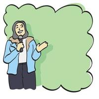 mulher Falando através microfone apresentando verde em branco espaço ilustração vetor mão desenhado isolado em branco fundo linha arte.