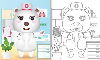 livro de colorir para crianças com uma ilustração da personagem enfermeira urso polar vetor