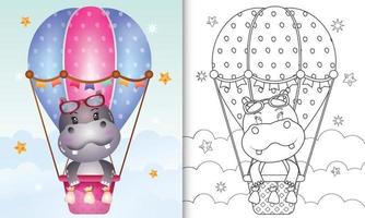 livro de colorir para crianças com um hipopótamo fofo em balão de ar quente vetor
