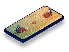 Esportes basquetebol quadra com tabela, aro e bola em Smartphone tela. conectados jogos, moderno tecnologias dentro Esportes e entretenimento indústria. ismétrico vetor