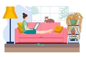 jovem mulher trabalhando ou estudando a partir de lar, sentado em a sofá, dentro uma acolhedor atmosfera, com chá e uma gato. covid-19 quarentena conceito, trabalhos e Aprendendo a partir de lar. desenho animado estilo vetor