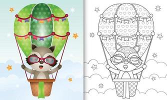 livro de colorir para crianças com um guaxinim fofo em um balão de ar quente vetor