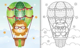livro de colorir para crianças com um leão fofo em um balão de ar quente vetor