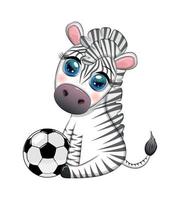 zebra bonita com uma bola de futebol. personagem de desenho animado, esporte de verão vetor