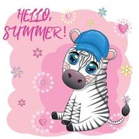 zebra fofa com um chapéu de praia, personagem infantil. animal em roupas de verão. férias de verão, férias vetor