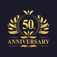 Projeto do 50º aniversário, luxuoso logotipo do aniversário de 50 anos em dourado. vetor