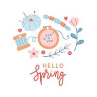 Olá Primavera mão desenhado vetor ilustração. letras Primavera estação com bordado folhas flores para cumprimento cartão.
