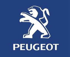 Peugeot logotipo marca carro símbolo com nome branco Projeto francês automóvel vetor ilustração com azul fundo