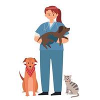 veterinário segurando cachorro plano desenho animado vetor