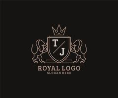 modelo de logotipo de luxo real de leão de letra tj inicial em arte vetorial para restaurante, realeza, boutique, café, hotel, heráldica, joias, moda e outras ilustrações vetoriais. vetor