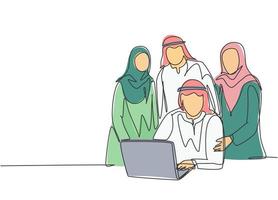 um único desenho de linha de jovens membros da equipe de startups muçulmanos felizes posam juntos solidamente. pano da Arábia Saudita shmag, kandora, lenço na cabeça, thobe, ghutra. ilustração em vetor desenho desenho em linha contínua
