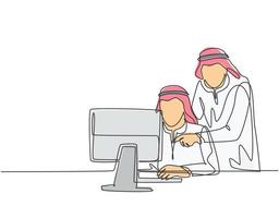 único desenho de linha contínua de jovens trabalhadores muçulmanos, assistindo a vídeos de negócios e treinamento no monitor. pano do Oriente Médio árabe shmagh, kandura, thawb, robe. ilustração em vetor desenho desenho de uma linha