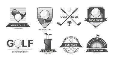 conjunto de emblemas, etiquetas, emblemas ou logotipos de golfe. lacrosse, tacos de hóquei. vetor