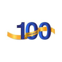 Celebração de aniversário de 100 anos com desenho de fita amarela, modelo de vetor de número
