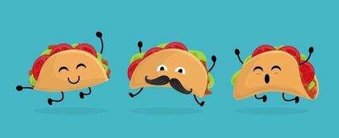 mexico taco definido em estilo cartoon. taco com comida tradicional mexicana. com bigode e emoção feliz. vetor