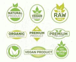 conjunto de rótulos ecológicos, orgânicos, frescos, saudáveis, 100 por cento, premium e alimentos naturais, vegan. emblemas, etiquetas, embalagens. vetor