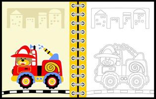 fofa Urso em caminhão de bombeiros, vetor desenho animado, coloração página ou livro