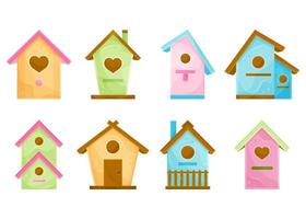 conjunto vetor ilustração fofa de madeira Casa de passarinho, cabana, pequeno de madeira casa, Primavera ilustração