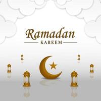 Ramadã especial cumprimento cartão projeto, islâmico Projeto com realista fundo do lanternas e branco papel estilo nuvens vetor