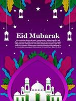 eid Mubarak poster Projeto dentro moderno e colorida estilo decorado com folhas, mesquita formas, lanternas e estrelas, islâmico vetor Projeto
