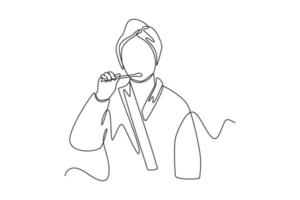 contínuo 1 linha desenhando feliz mulher escovar dentes. cuidados de saúde às casa conceito. solteiro linha desenhar Projeto vetor gráfico ilustração.