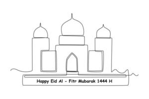 contínuo 1 linha desenhando cumprimento cartão para eid Mubarak festival com mesquita 1444h. eid al-fitr conceito. solteiro linha desenhar Projeto vetor gráfico ilustração.