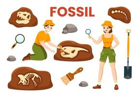 fóssil ilustração com arqueólogos encontra dinossauros esqueletos em escavações ou escavação solo camadas dentro plano desenho animado mão desenhado modelos vetor