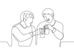 dois amigos tilintar óculos do Cerveja e sorrir - 1 linha desenho. encontro do amigos, o negócio parceiros a comemorar sucesso, colegas bebendo dentro uma Barra depois de trabalhar, dois alcoólatras desfrutando álcool vetor