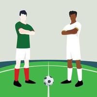 Combine pré-visualização exibindo dois masculino jogadores de futebol dentro uma futebol campo vetor ilustração. México vs Gana.