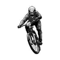 extremo Esportes cavaleiro, bmx motociclista, ladeira abaixo, corrida, ciclista. monocromático. perfeito para a bicicleta comunidade para t -camisa, adesivo, imprimir, etc. mão desenhado vetor ilustração.