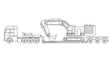 mão desenhado vetor ilustração cor crianças construção escavadora transporte baixo cama reboque caminhão clipart