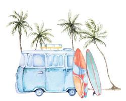 viagem furgão às a praia, surfar borda e Palma árvore com aquarela.na moda verão.havaiano aloha furgão vetor