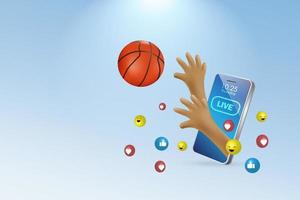basquetebol esporte viver transmissão em móvel. basquetebol jogador mãos tiroteio bola em virtual Smartphone tela com social meios de comunicação amor e gostar ícones. 3d vetor. vetor