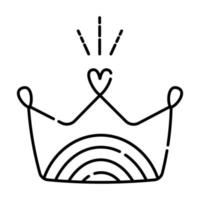 fofa coroa com arco Iris e coração, Preto linha ilustração dentro simples mínimo estilo vetor