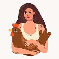 jovem mulher tem uma galinhas vetor