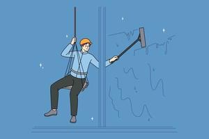 masculino trabalhador em segurança cordas limpeza janelas do escritório prédio. homem alpinista ou industrial alpinista trabalhos em cabos, escalar para superfície. ocupação e profissão. vetor ilustração.