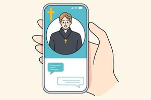 pessoa aguarde celular ter vídeo ligar com padre. humano conversa falar em Webcam evento com monge ou pregador. conceito do conectados religião serviço ou aplicativo. vetor ilustração.
