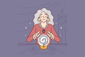 fêmea bruxa com mágico cristal bola prevendo futuro. mulher fortuna caixa lendo destino dentro Sombrio sala. Magia e superstição. vetor ilustração.