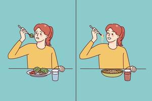 menina comendo saudável e pouco saudável Comida. criança emoções com nutricional refeição ou comida rápida. crianças Comida e nutrição problemas. vetor ilustração.